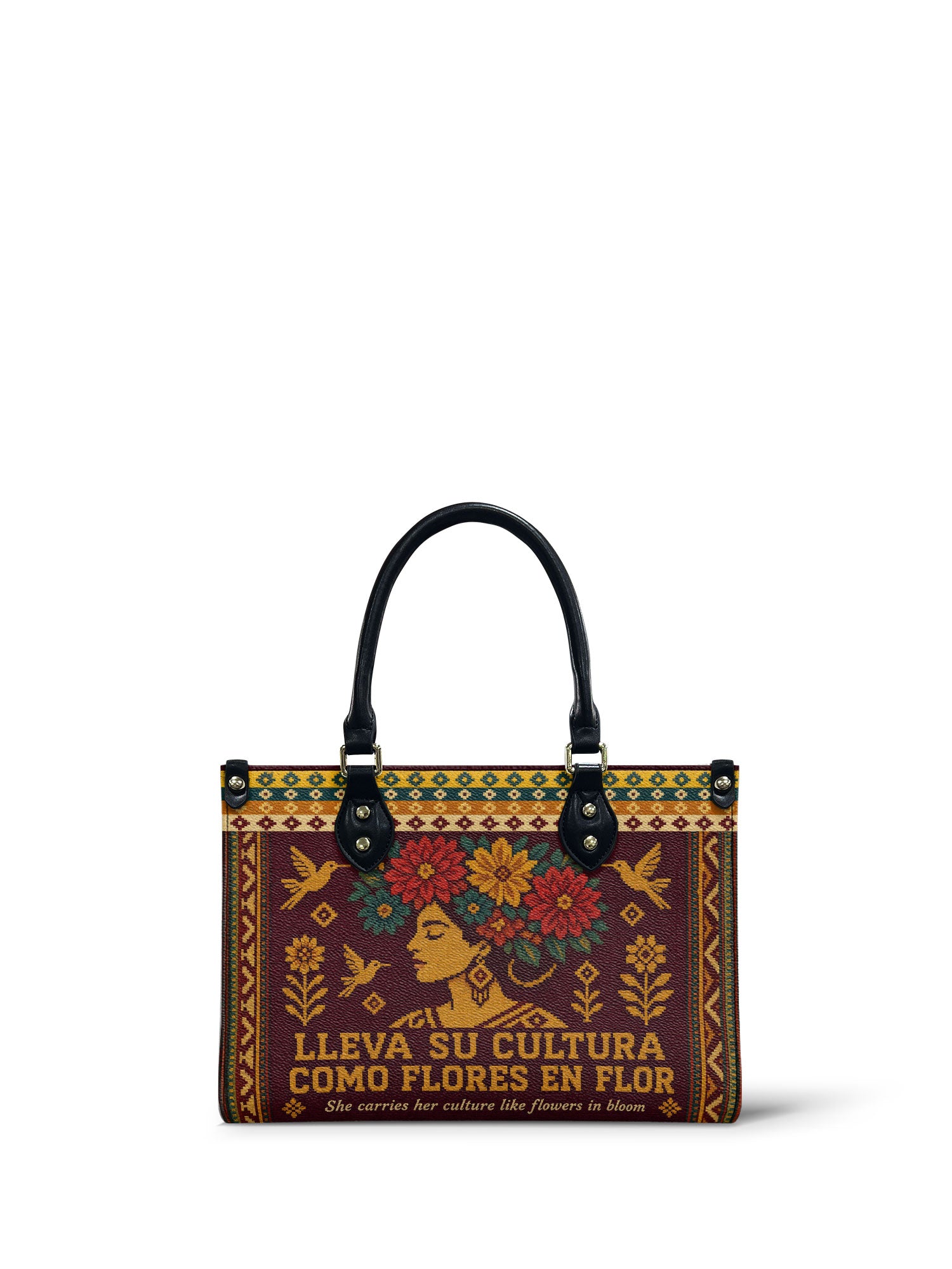 "Lleva su cultura como flores en flor" ver.4 Small Leather Handbag - front view | Paleta Bags
