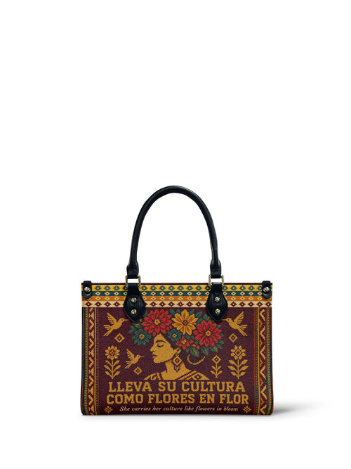 "Lleva su cultura como flores en flor" ver.4 Small Leather Handbag - front view | Paleta Bags