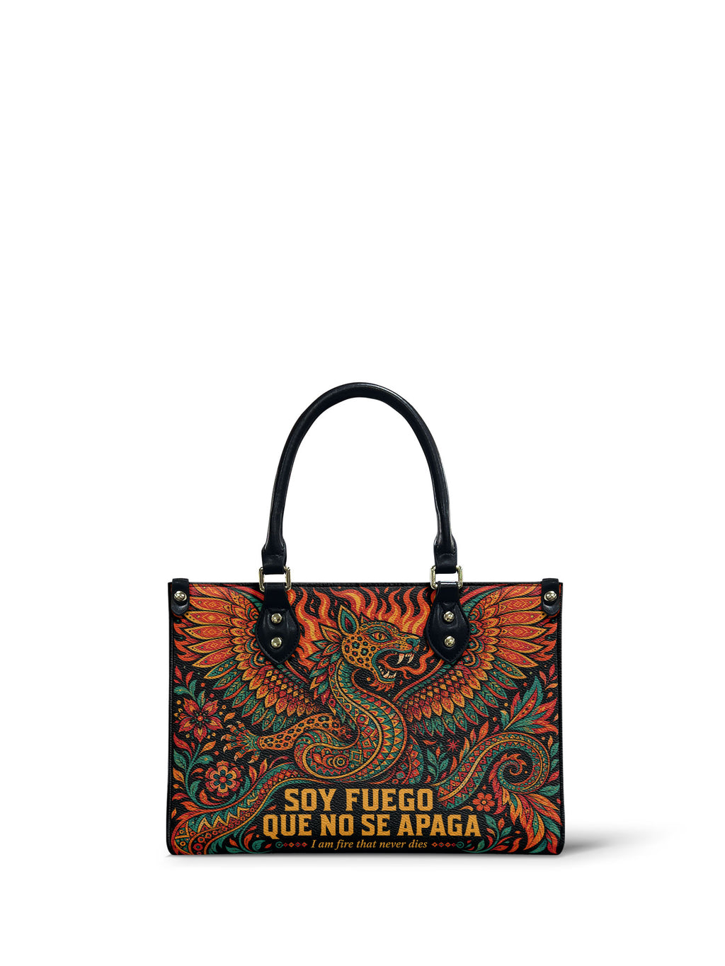 "Soy fuego que no se apaga" ver.1 Small Leather Handbag - front view | Paleta Bags