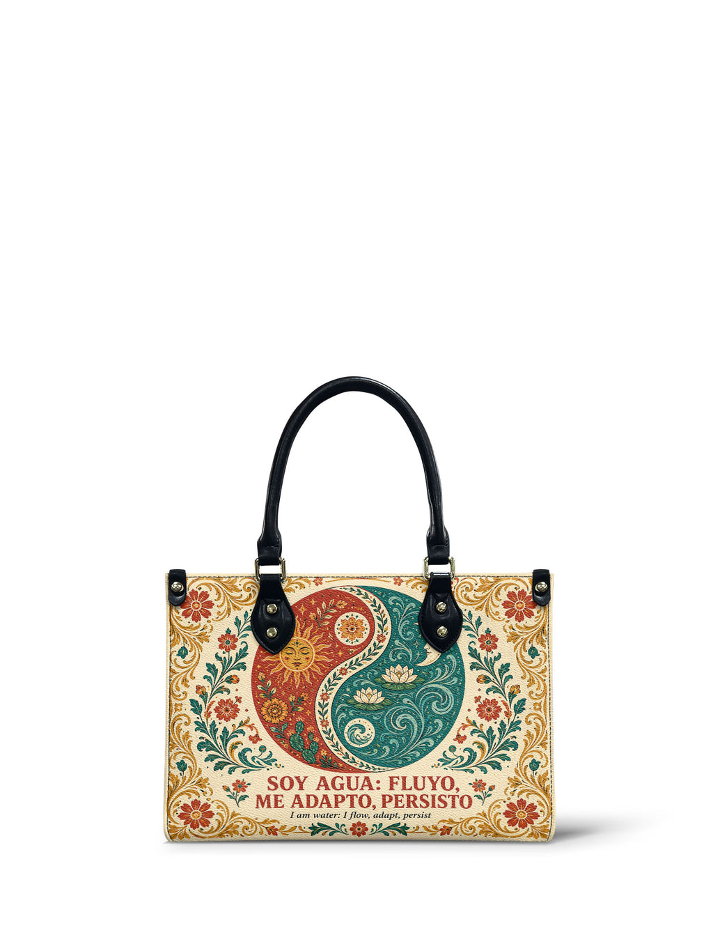 "Soy agua fluyo, me adapto, persisto" ver.5 Small Leather Handbag - front view | Paleta Bags