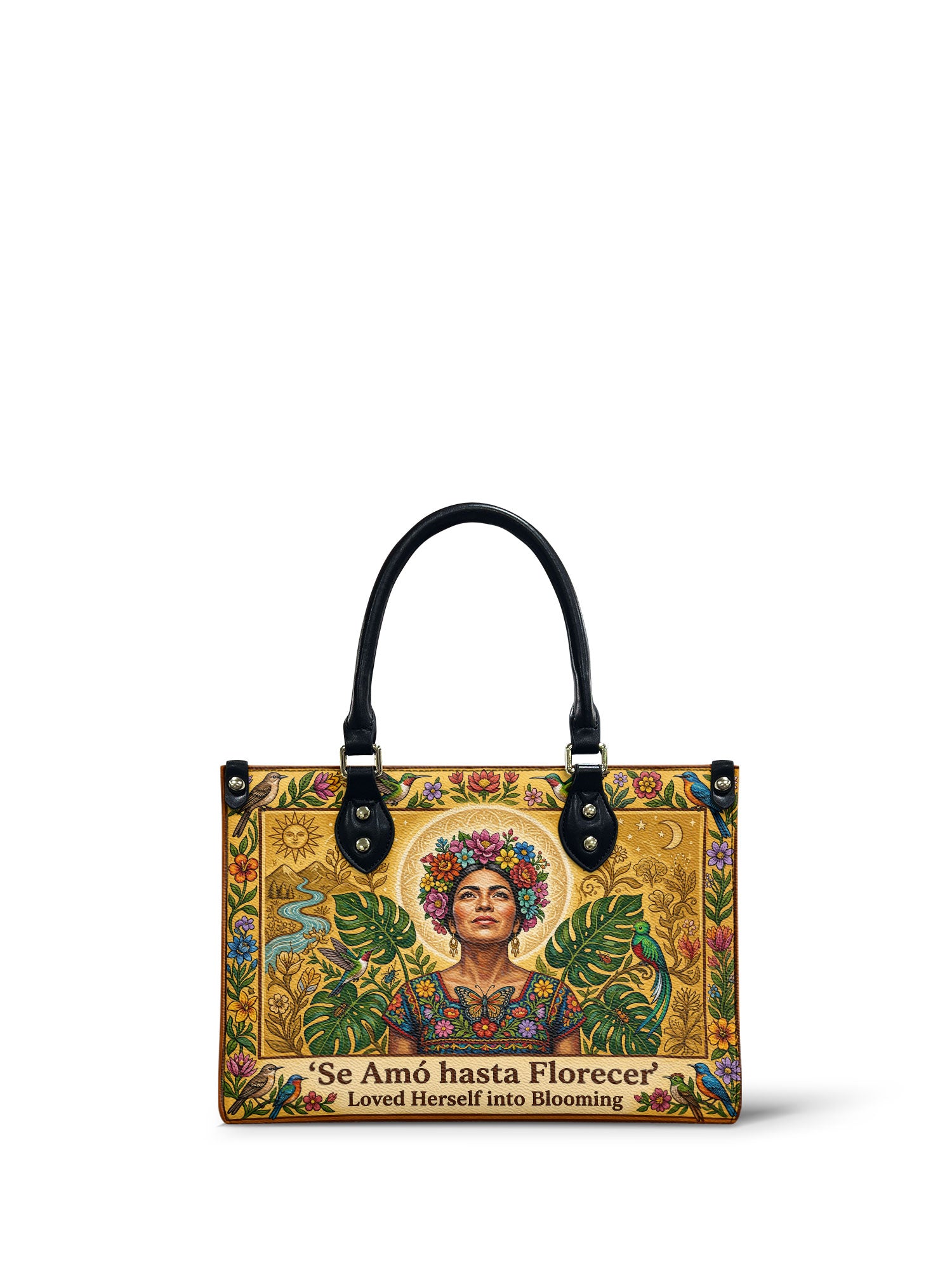 "Se amó hasta florecer" ver.7 Small Leather Handbag - front view | Paleta Bags