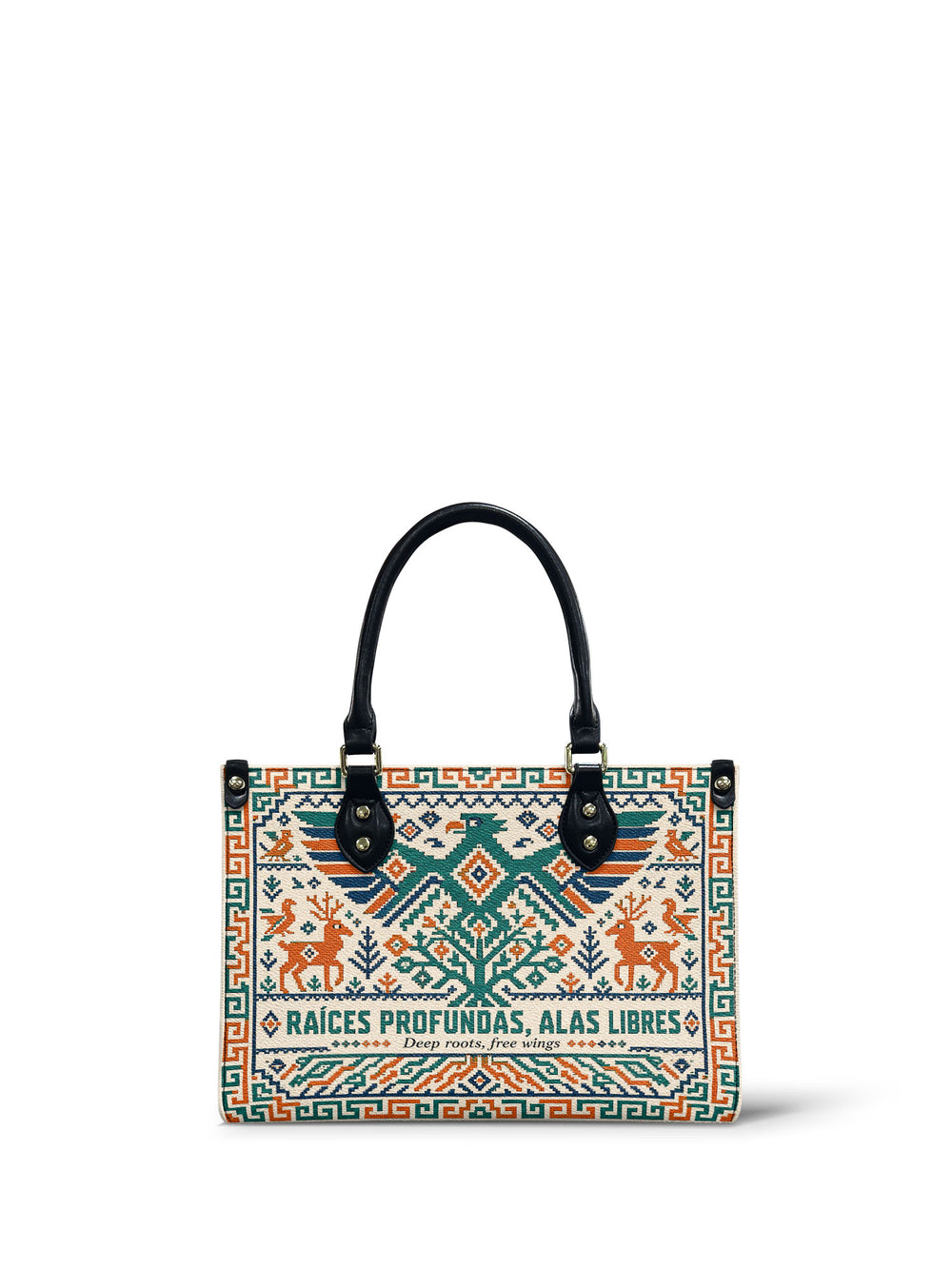 Cream cross stitch small handbag with a teal eagle spreading its wings over a tree, two orange deer below and stepped borders