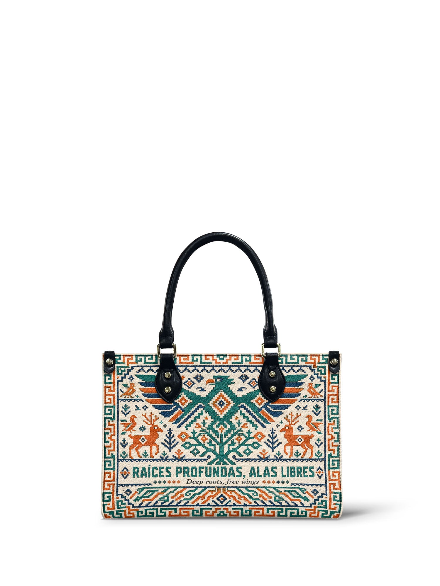 "Raíces profundas, alas libres" ver.4 Small Leather Handbag - front view | Paleta Bags