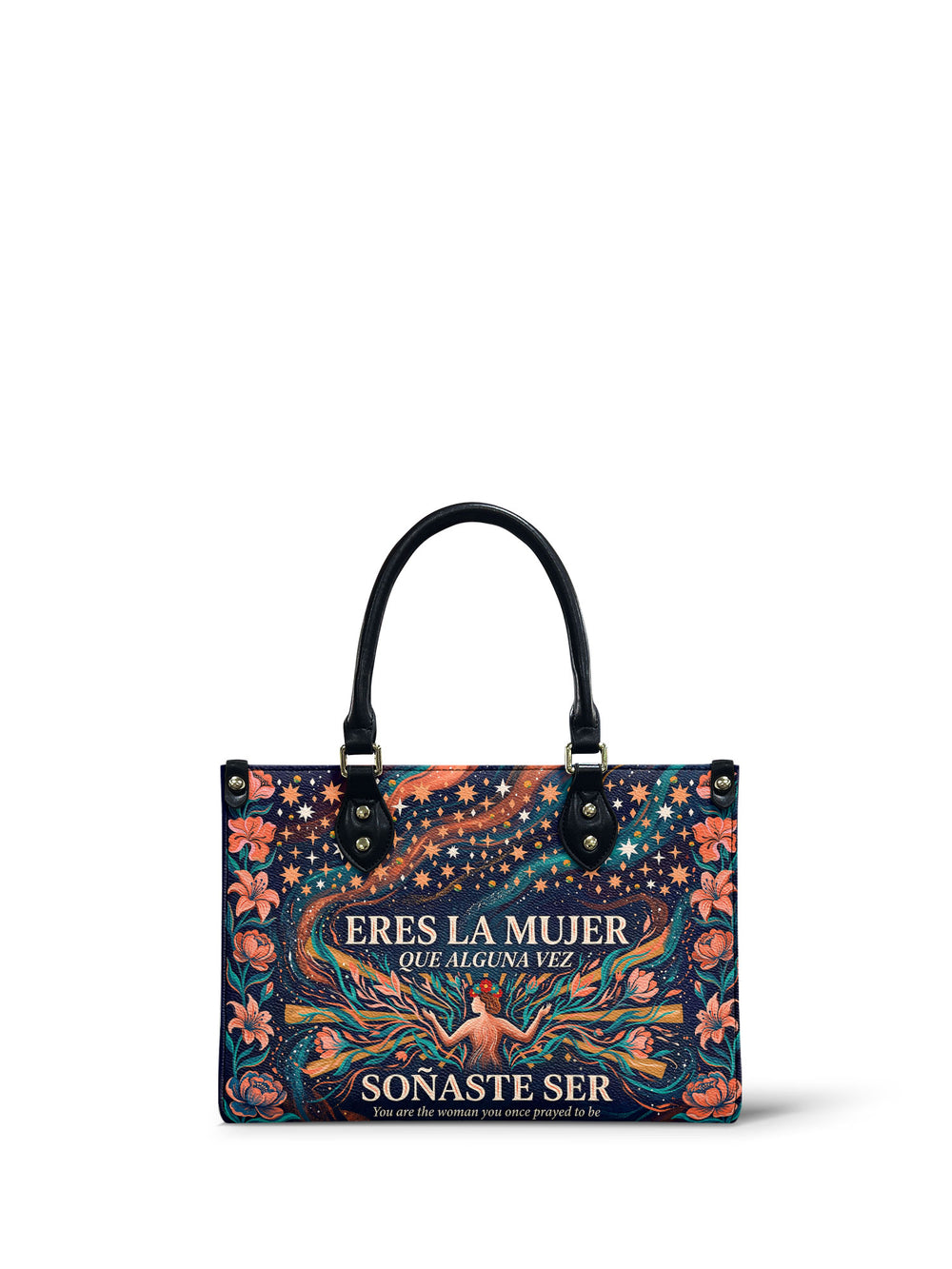 Navy bag with a woman seen from behind at the centre, streams of coral, orange and teal running out of her across a sky of white stars, coral lilies up both edges