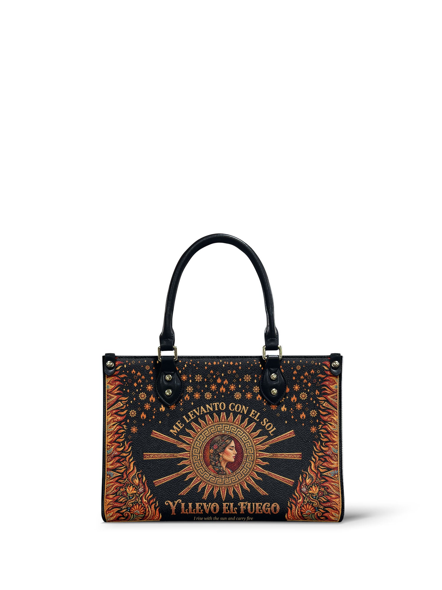 "Me levanto con el sol y llevo el fuego" ver.3 Small Leather Handbag - front view | Paleta Bags