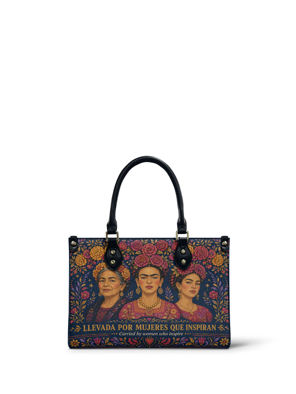 Navy small handbag with three women shoulder to shoulder in embroidered blouses, pink and coral roses and marigolds behind them