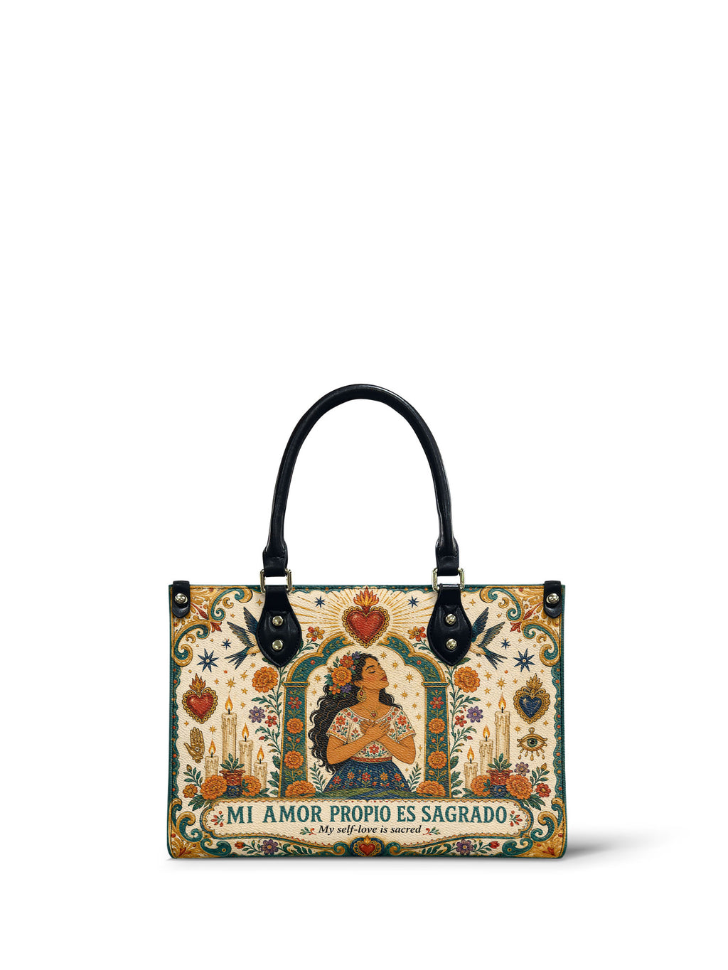 "Mi amor propio es sagrado" ver.1 Small Leather Handbag - front view | Paleta Bags