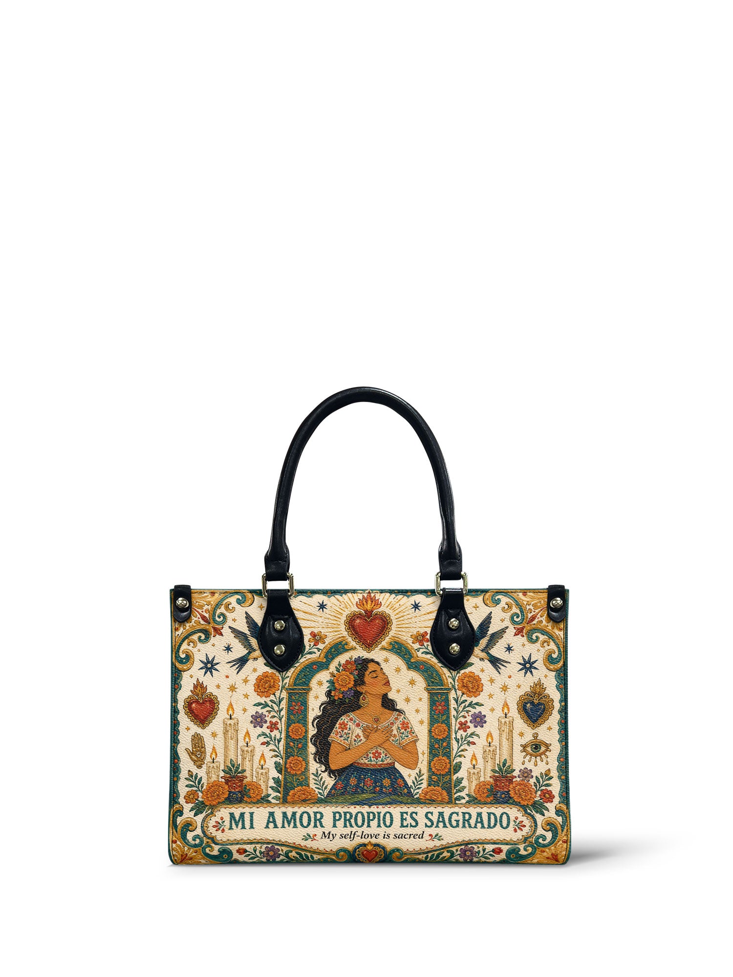 "Mi amor propio es sagrado" ver.1 Small Leather Handbag - front view | Paleta Bags