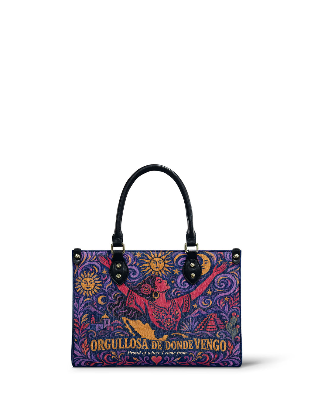 "Orgullosa de donde vengo" ver.5 Small Leather Handbag - front view | Paleta Bags