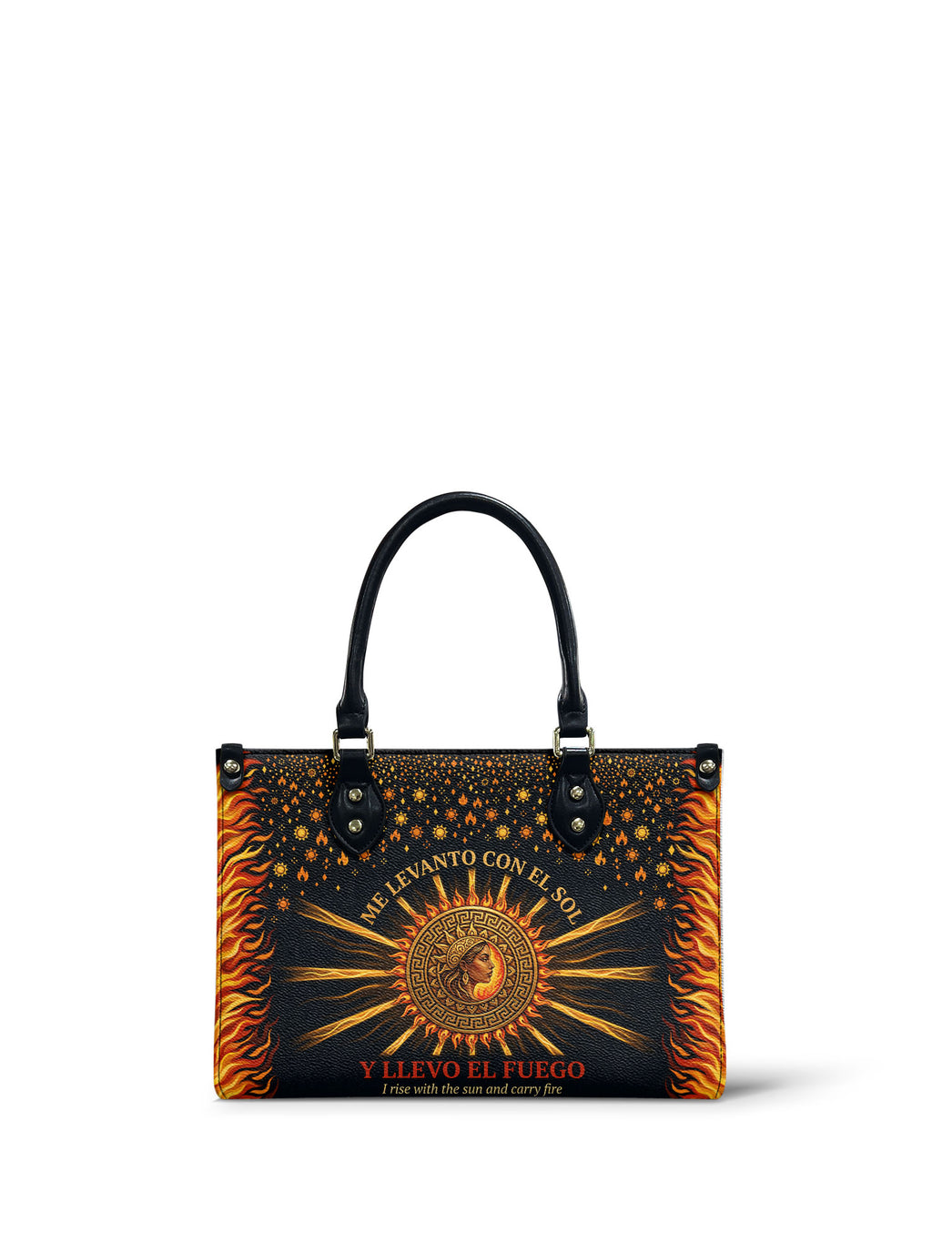 "Me levanto con el sol y llevo el fuego" ver.2 Small Leather Handbag - front view | Paleta Bags