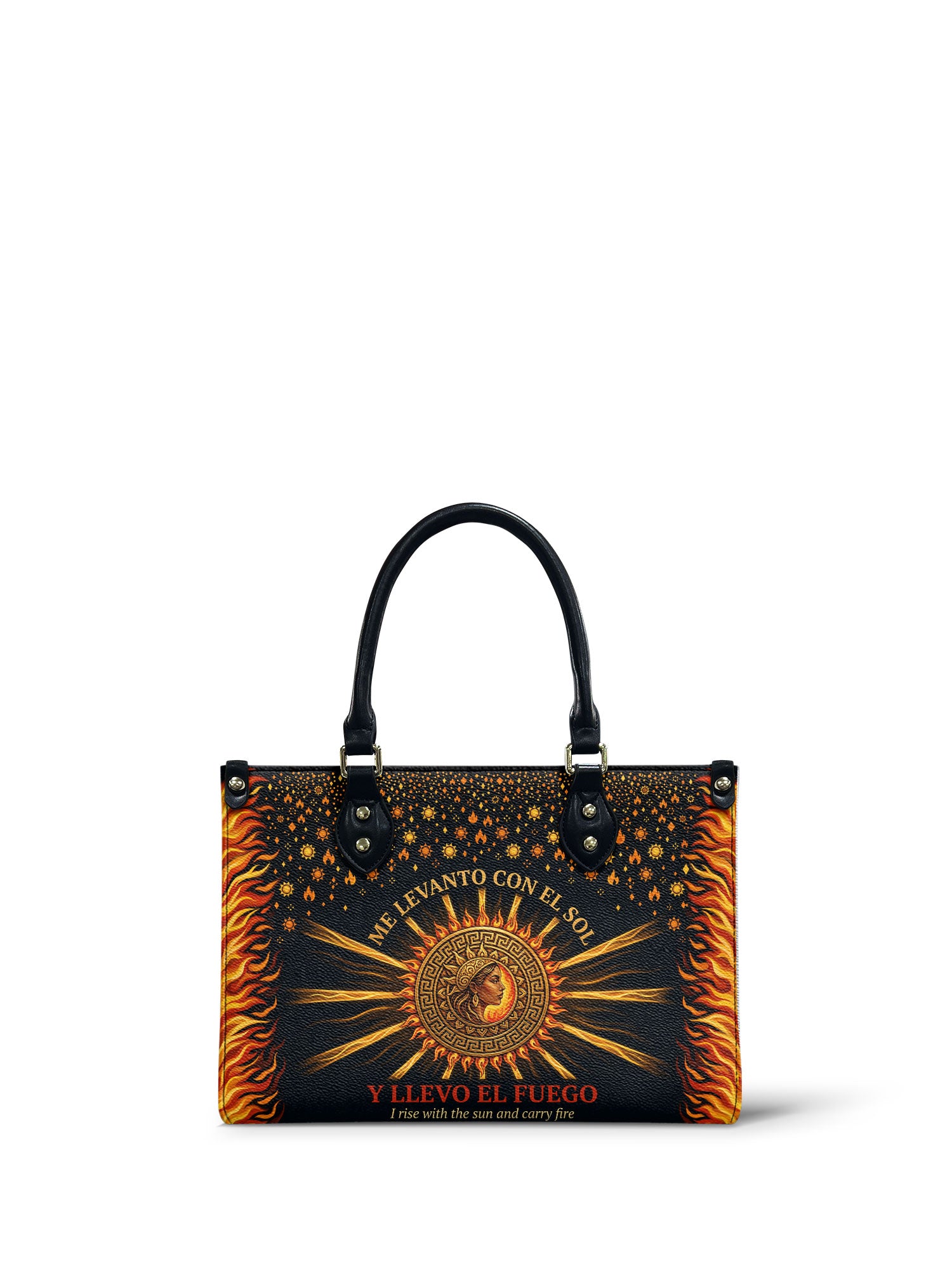 "Me levanto con el sol y llevo el fuego" ver.2 Small Leather Handbag - front view | Paleta Bags