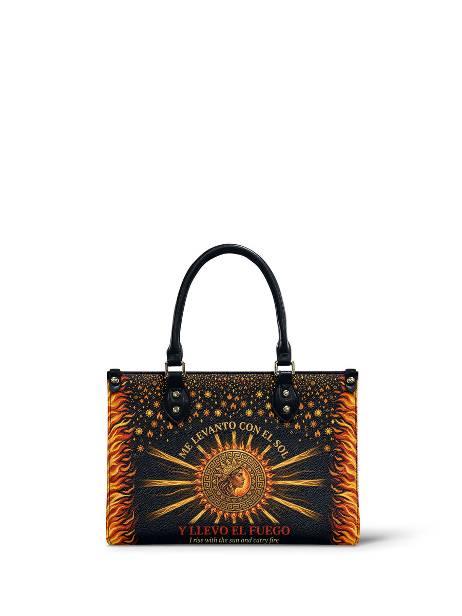 "Me levanto con el sol y llevo el fuego" ver.2 Small Leather Handbag