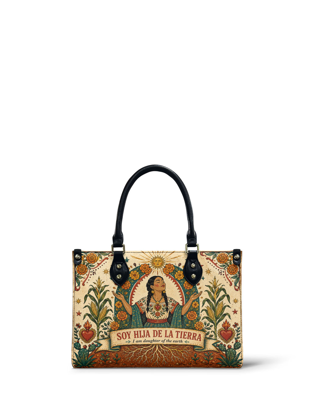"Soy hija de la tierra" ver.5 Small Leather Handbag - front view | Paleta Bags