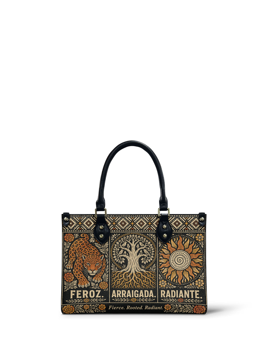"Feroz. Arraigada. Radiante" ver.4 Small Leather Handbag