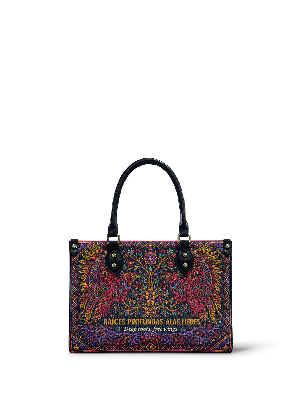 "Raíces profundas, alas libres" ver.1 Small Leather Handbag - front view | Paleta Bags