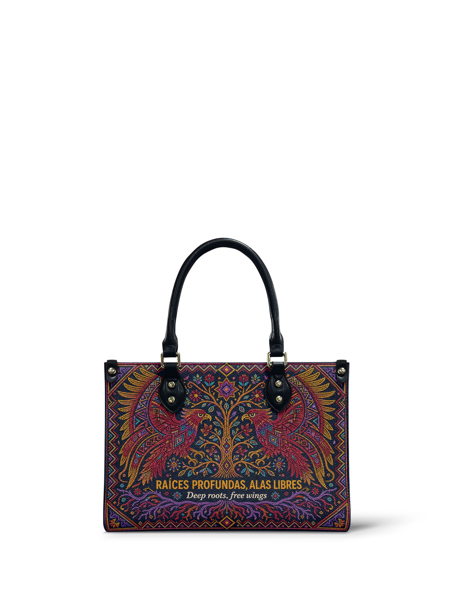 "Raíces profundas, alas libres" ver.1 Small Leather Handbag - front view | Paleta Bags
