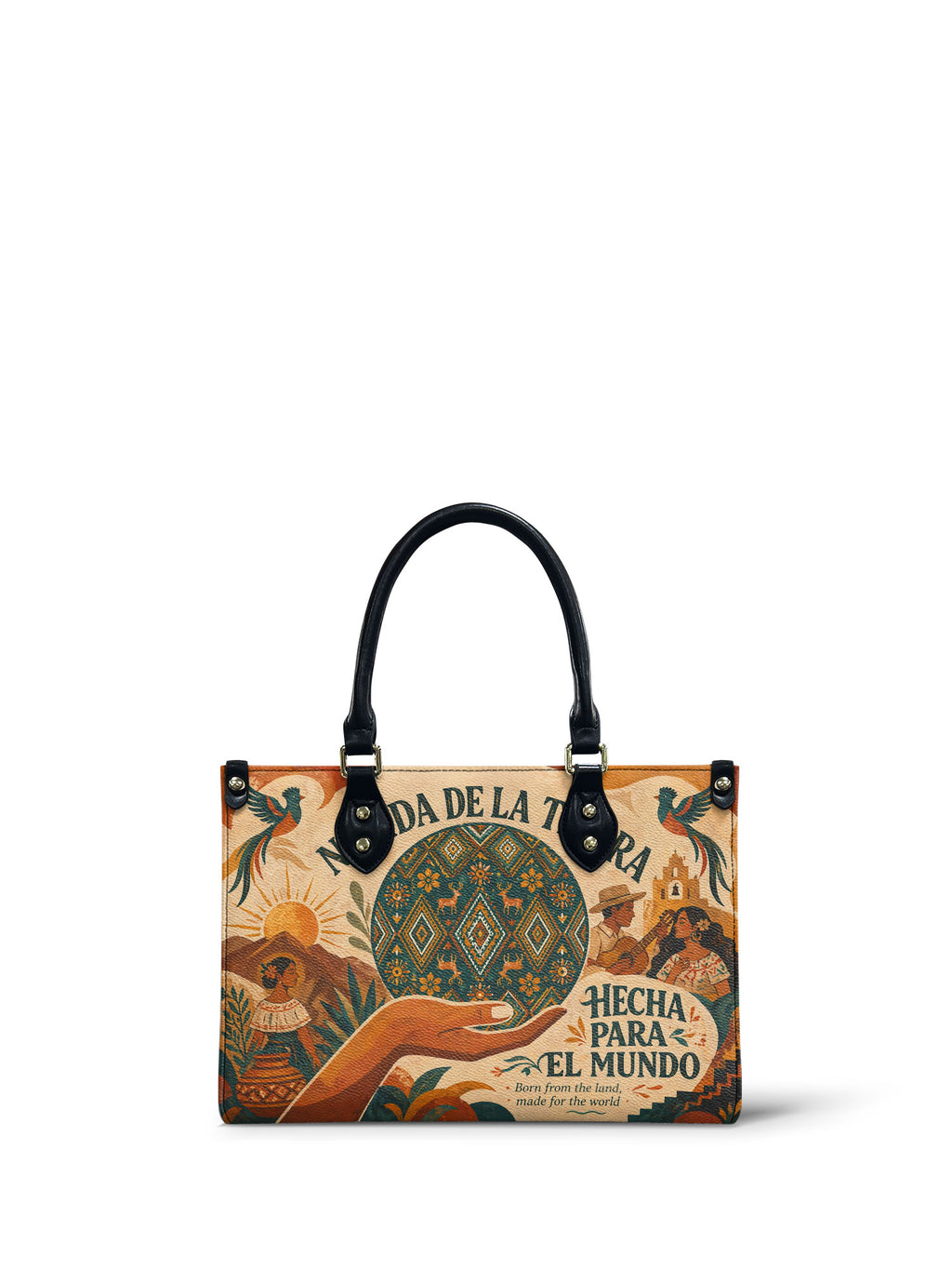 "Nacida de la tierra, hecha para el mundo" ver.1 Small Leather Handbag - front view | Paleta Bags