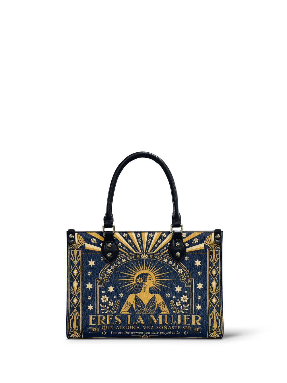 Navy small handbag drawn entirely in gold line, a woman rising from a fanned art deco arch with rays, stars and small blossoms