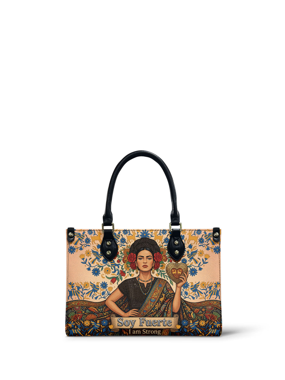 Cream small handbag with blue and red Otomi embroidery birds and flowers, woman holding a gilded flaming heart, Soy Fuerte banner