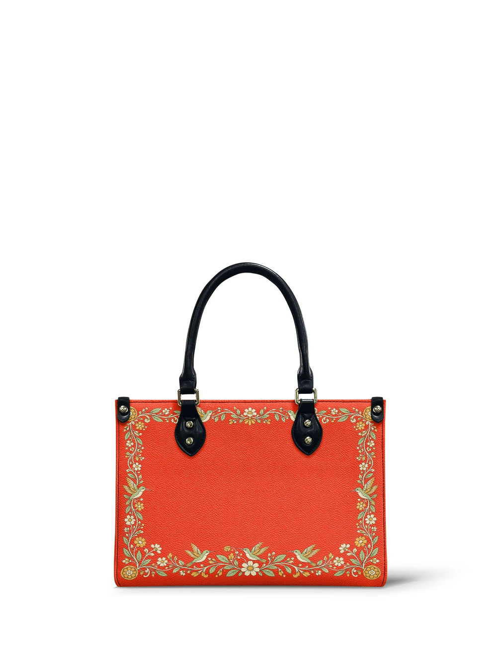 Coral small handbag with a border of hummingbirds, white daisies and pale green leaves framing a plain open centre
