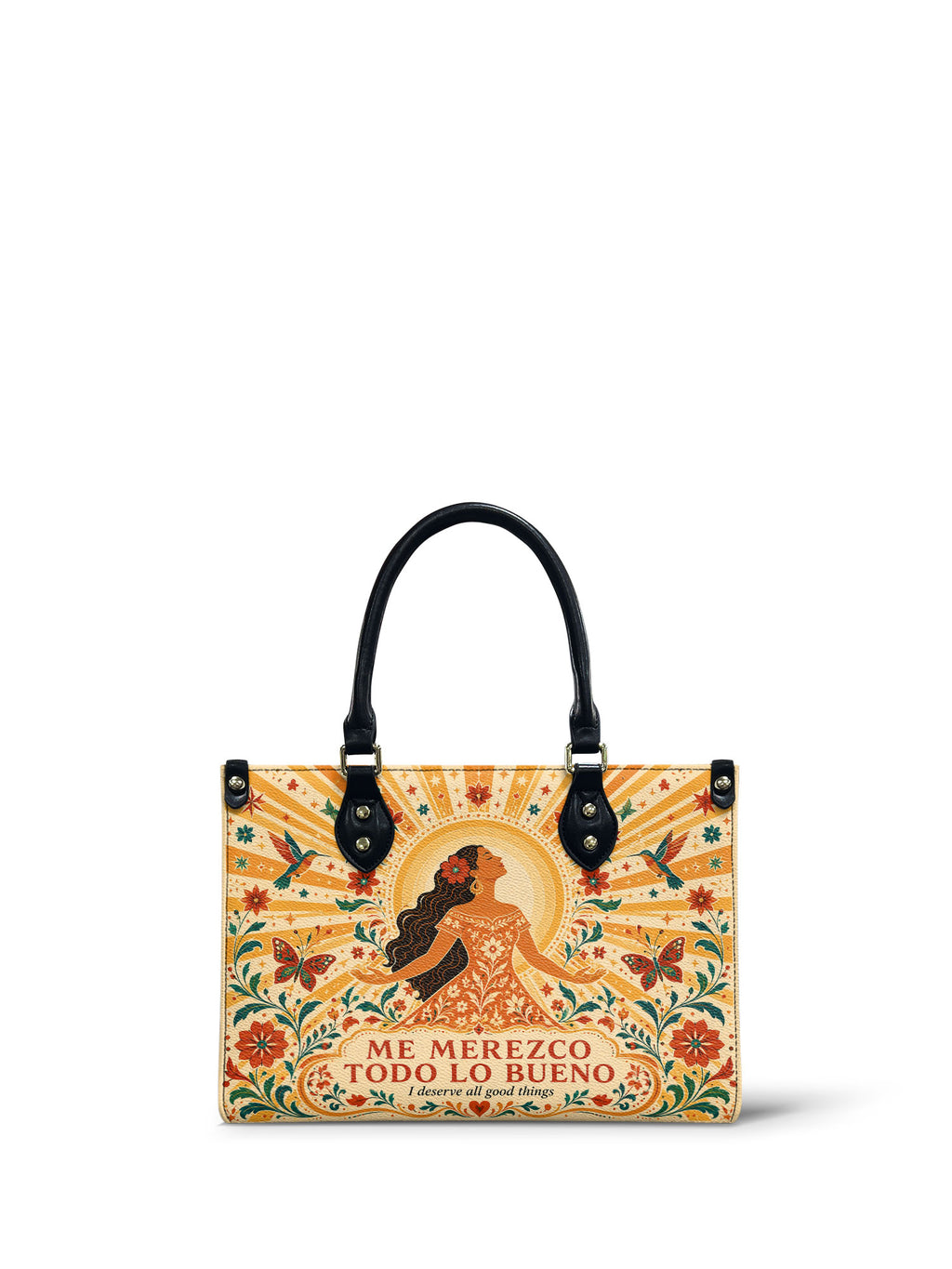 "Me merezco todo lo bueno" ver.4 Small Leather Handbag - front view | Paleta Bags