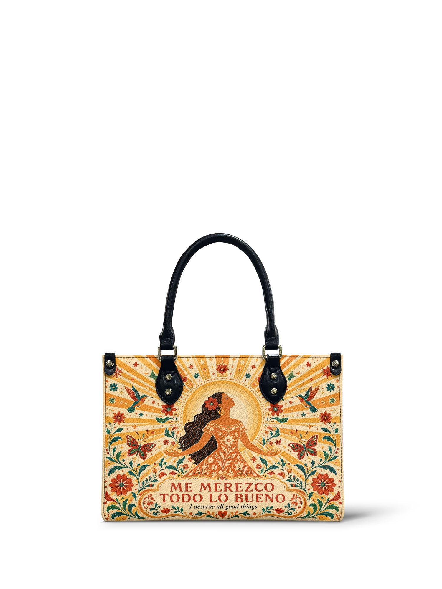 "Me merezco todo lo bueno" ver.4 Small Leather Handbag - front view | Paleta Bags