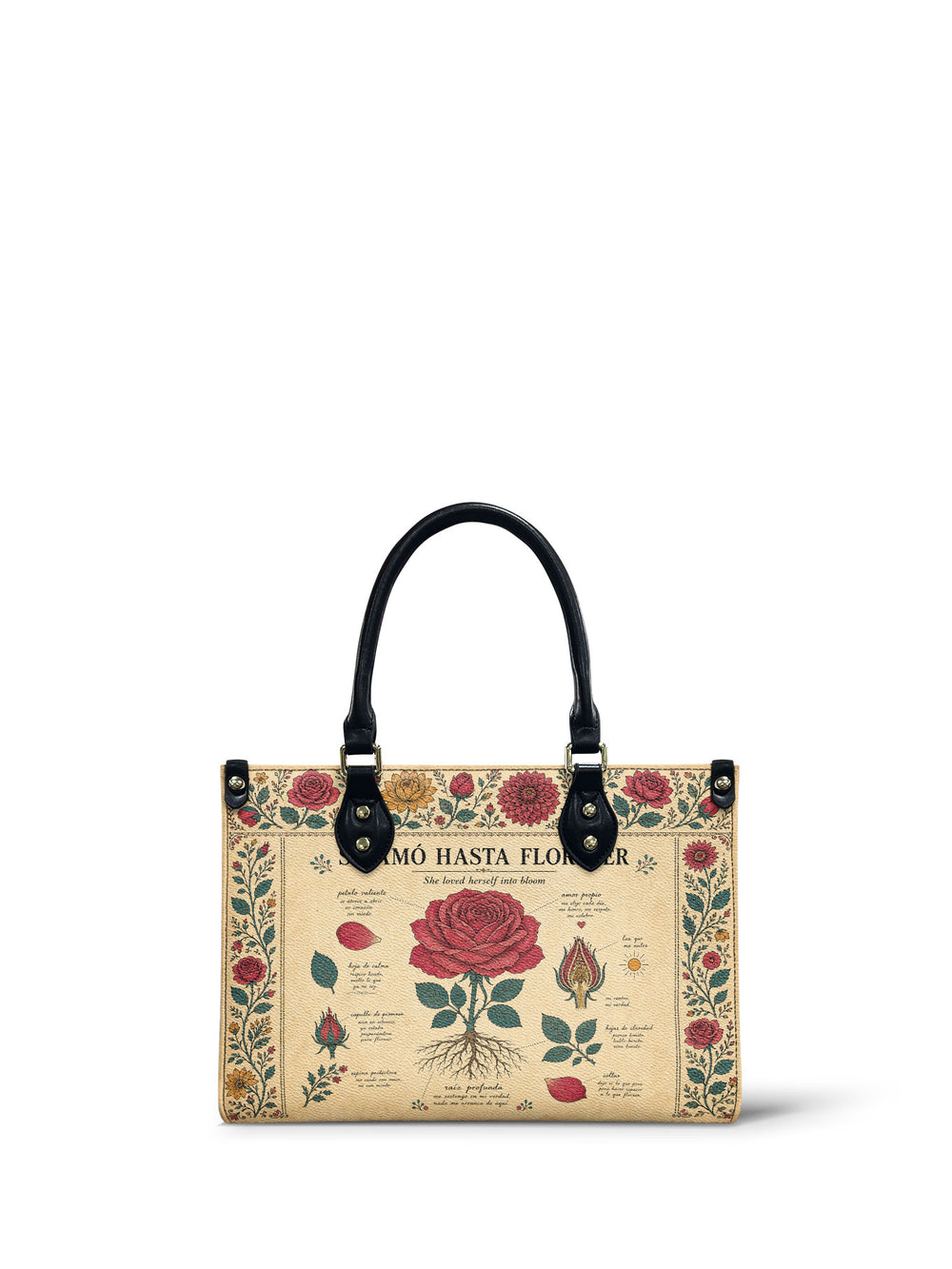 Aged cream small handbag drawn as a herbarium page, one pink rose with visible roots surrounded by labelled petals, buds and leaves