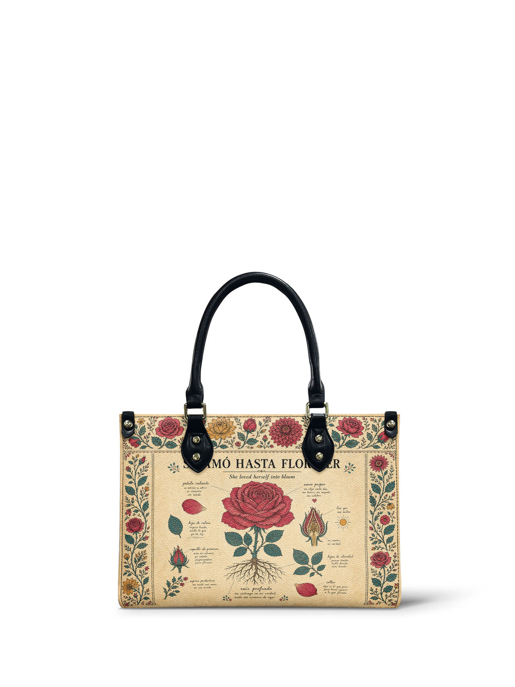 "Se amó hasta florecer" ver.5 Small Leather Handbag - front view | Paleta Bags