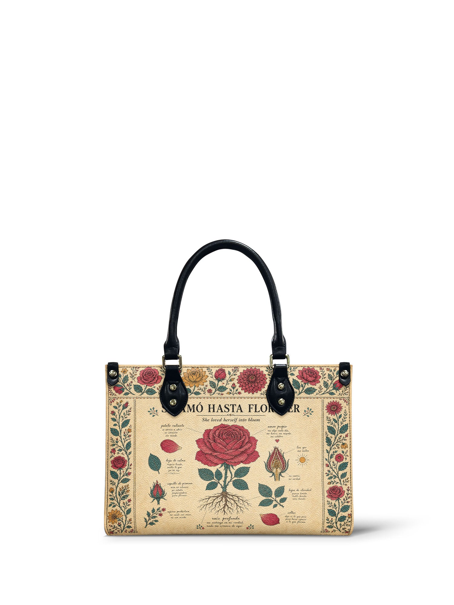 "Se amó hasta florecer" ver.5 Small Leather Handbag - front view | Paleta Bags