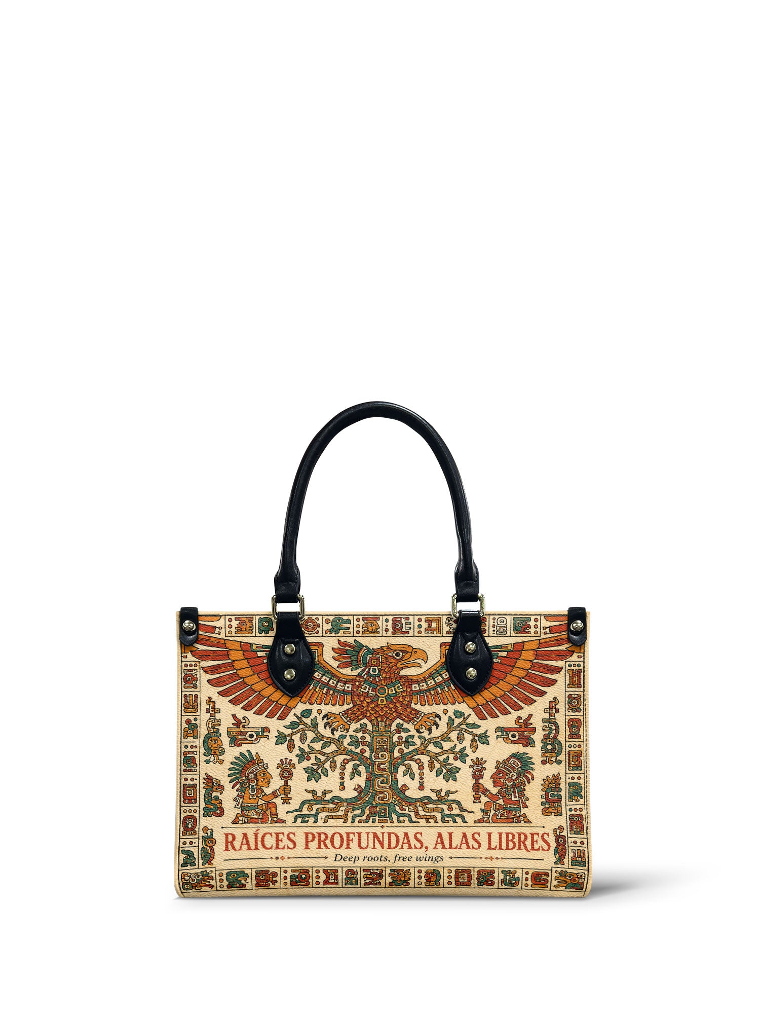 "Raíces profundas, alas libres" ver.3 Small Leather Handbag - front view | Paleta Bags