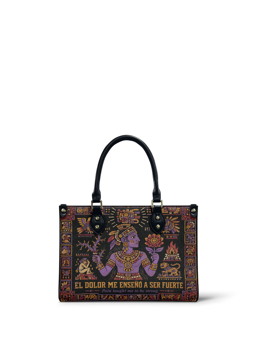 Black small handbag with a violet figure in gold ornaments holding a thorn branch in one hand and a flower in the other among glyph panels