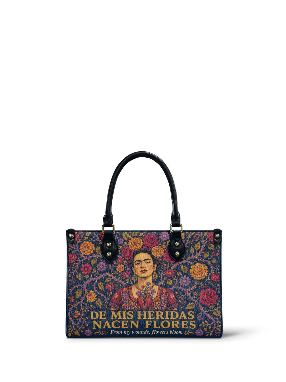 Navy small handbag, woman in a red embroidered blouse with flowers growing from a split heart, surrounded by roses and marigolds