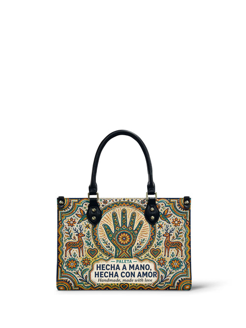 "Hecha a mano, hecha con amor" ver.3 Small Leather Handbag - Paleta Bags front view