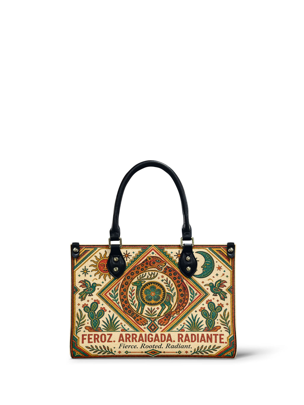 "Feroz. Arraigada. Radiante" ver.2 Small Leather Handbag - front view | Paleta Bags