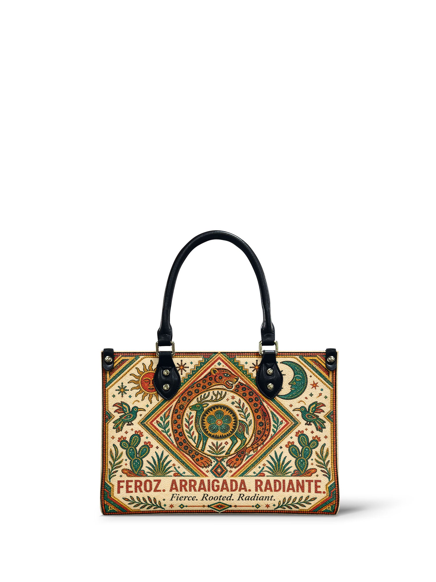 "Feroz. Arraigada. Radiante" ver.2 Small Leather Handbag - front view | Paleta Bags