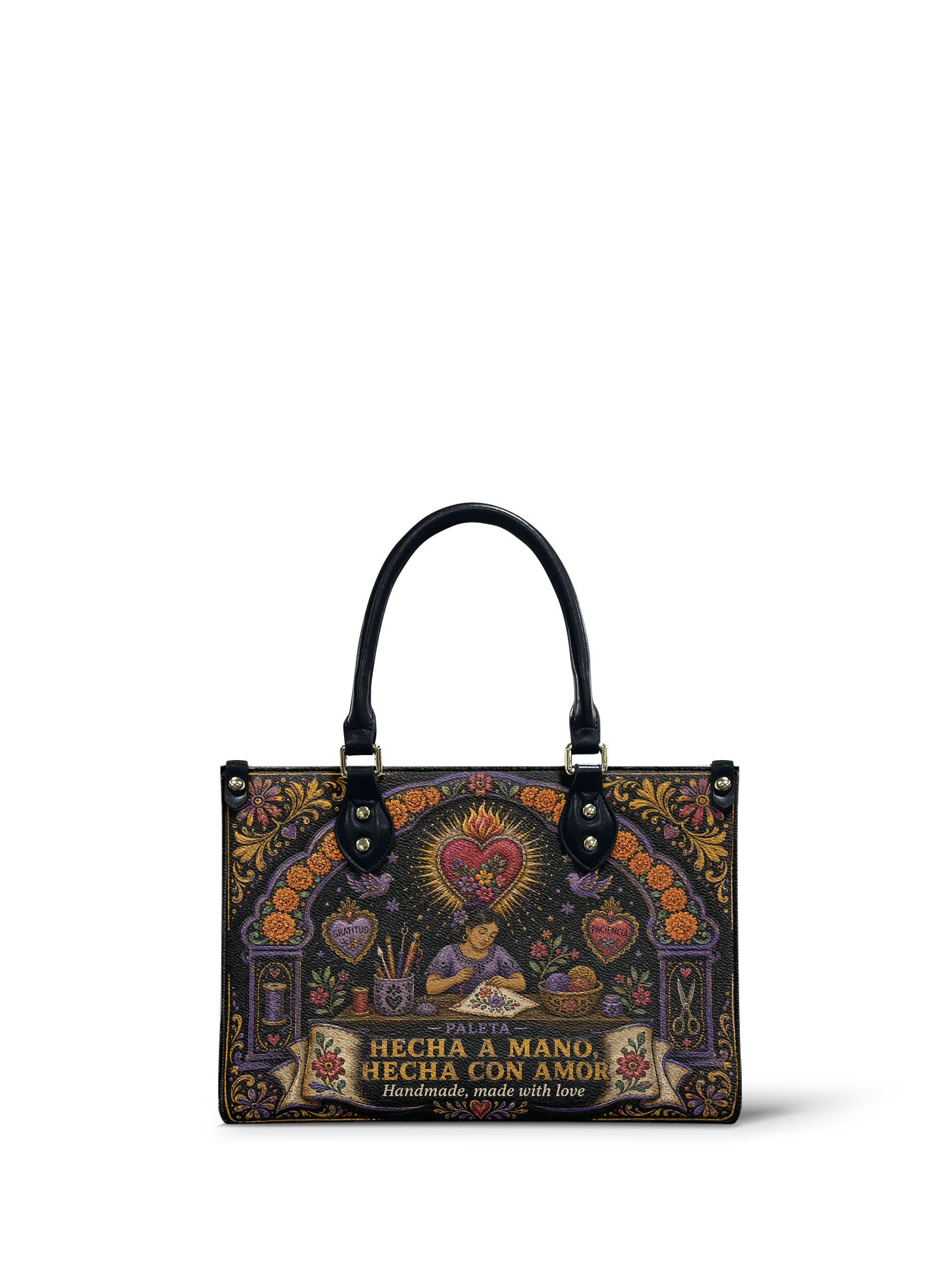 "Hecha a mano, hecha con amor" ver.5 Small Leather Handbag - Paleta Bags front view