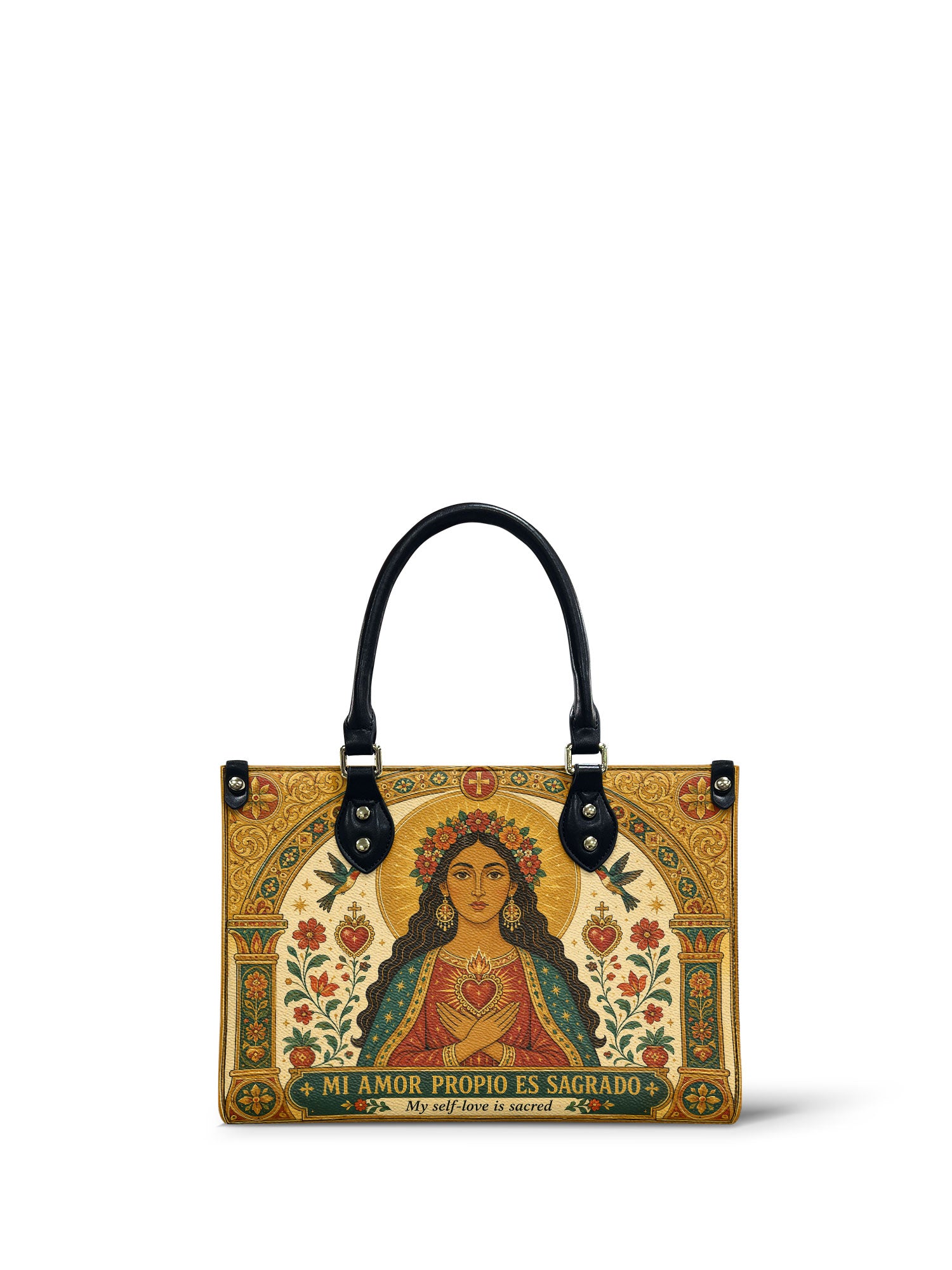 "Mi amor propio es sagrado" ver.2 Small Leather Handbag - front view | Paleta Bags