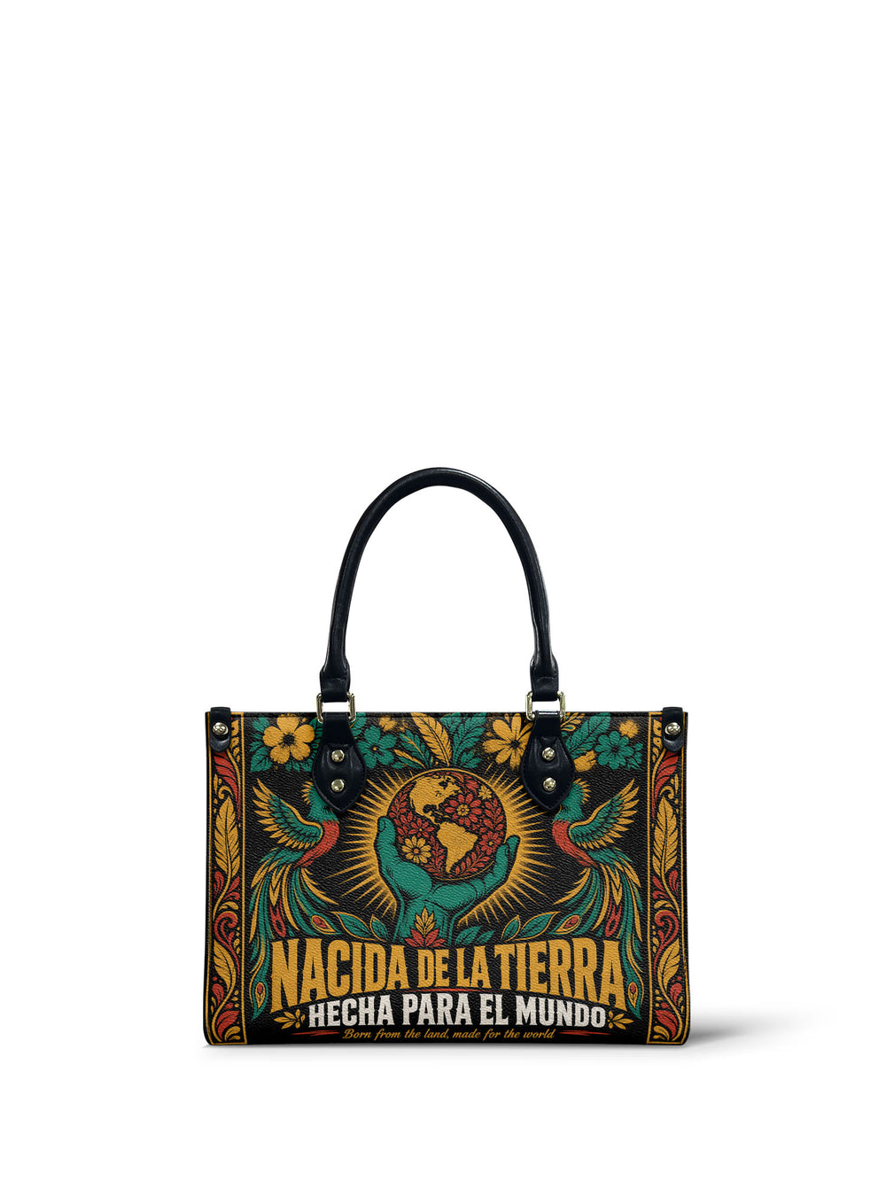 Near black small handbag with teal hands lifting a gold globe with flowers growing from it, rays behind and quetzals at both sides