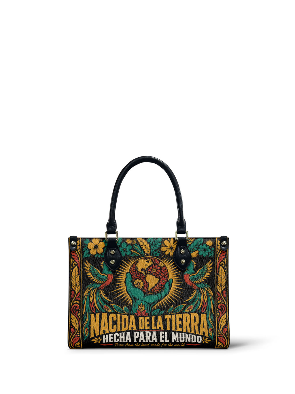 "Nacida de la tierra, hecha para el mundo" ver.4 Small Leather Handbag - front view | Paleta Bags