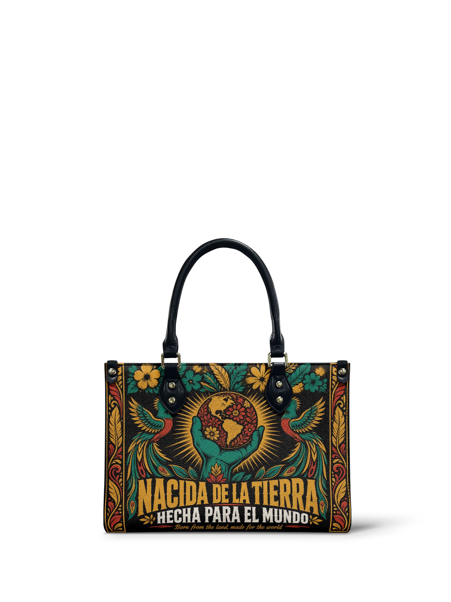 "Nacida de la tierra, hecha para el mundo" ver.4 Small Leather Handbag - front view | Paleta Bags