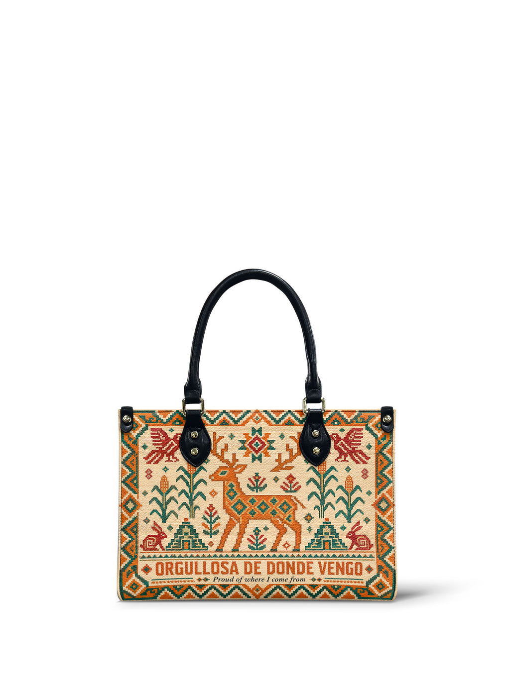 "Orgullosa de donde vengo" ver.1 Small Leather Handbag - front view | Paleta Bags