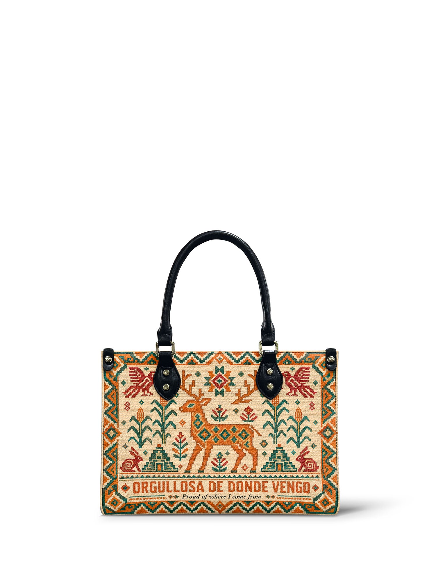 "Orgullosa de donde vengo" ver.1 Small Leather Handbag - front view | Paleta Bags