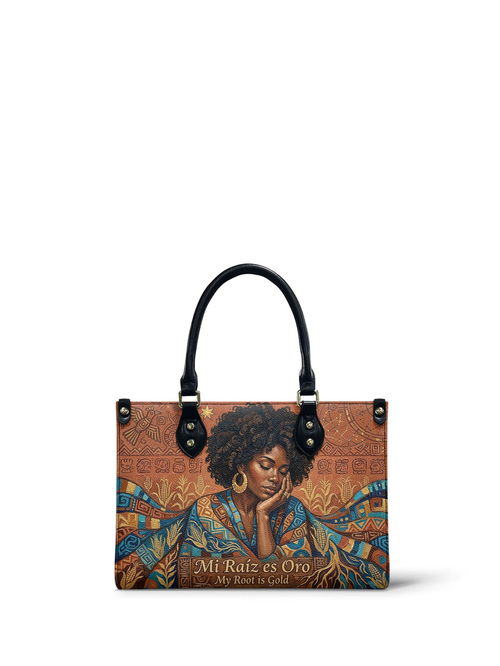 "Mi Raíz es Oro" ver.4 Small Leather Handbag - front view | Paleta Bags
