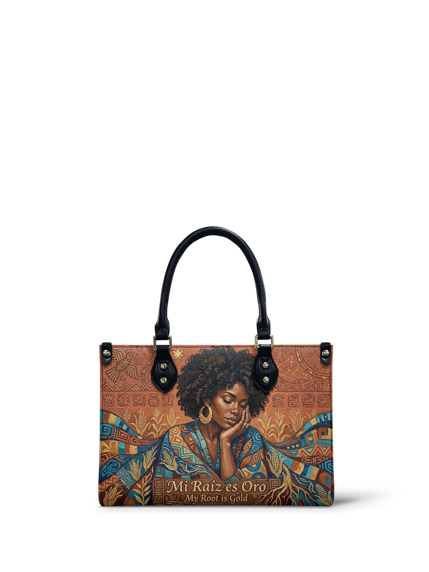"Mi Raíz es Oro" ver.4 Small Leather Handbag - front view | Paleta Bags
