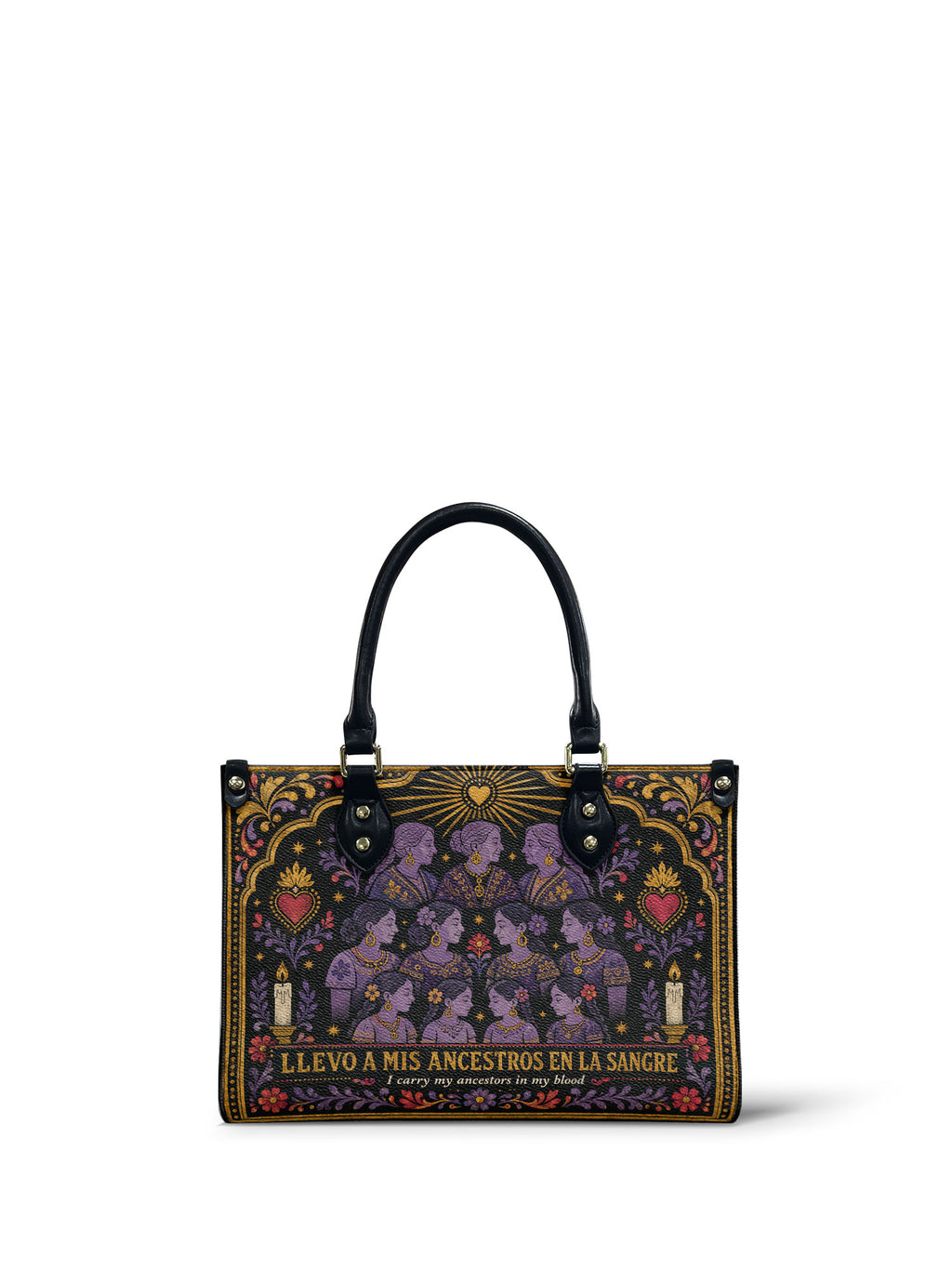 "Llevo a mis ancestros en la sangre" ver.3 Small Leather Handbag - front view | Paleta Bags