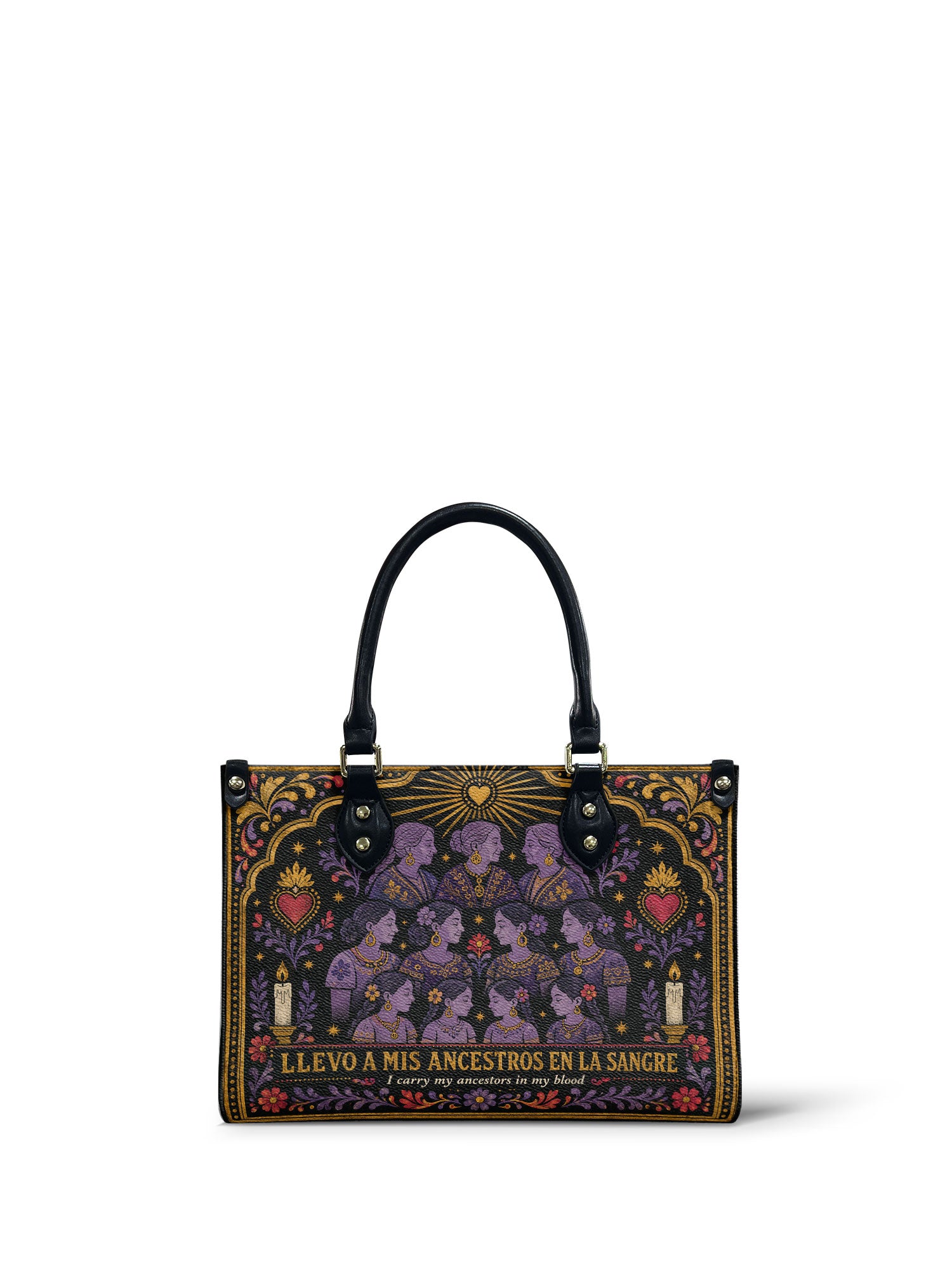 "Llevo a mis ancestros en la sangre" ver.3 Small Leather Handbag - front view | Paleta Bags