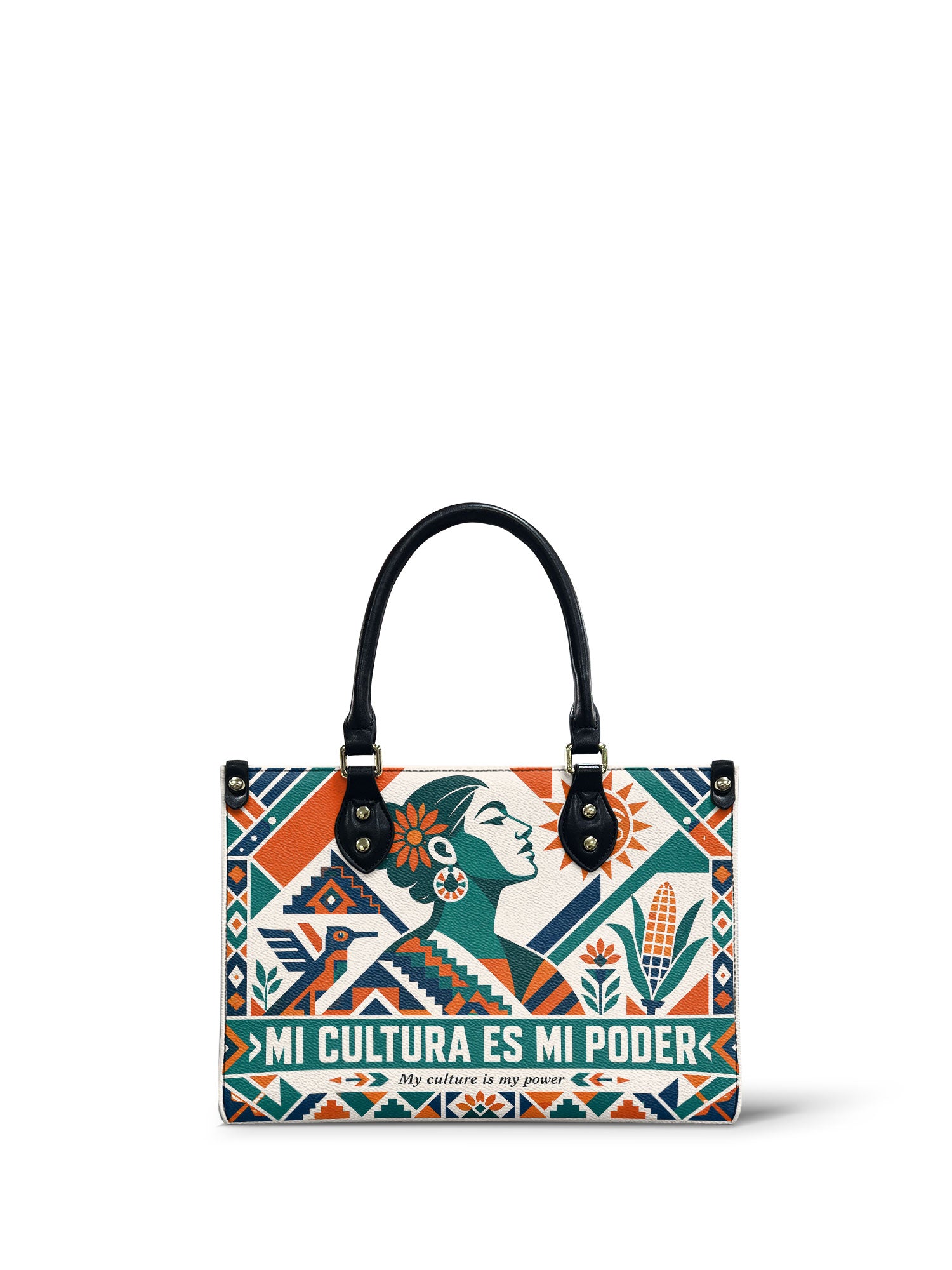 "Mi cultura es mi poder" ver.4 Small Leather Handbag - front view | Paleta Bags