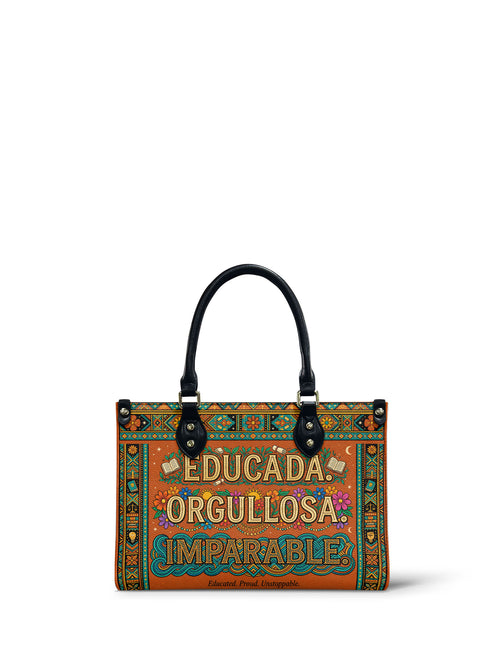 "Educada. Orgullosa. Imparable" ver.1 Small Leather Handbag - front view | Paleta Bags