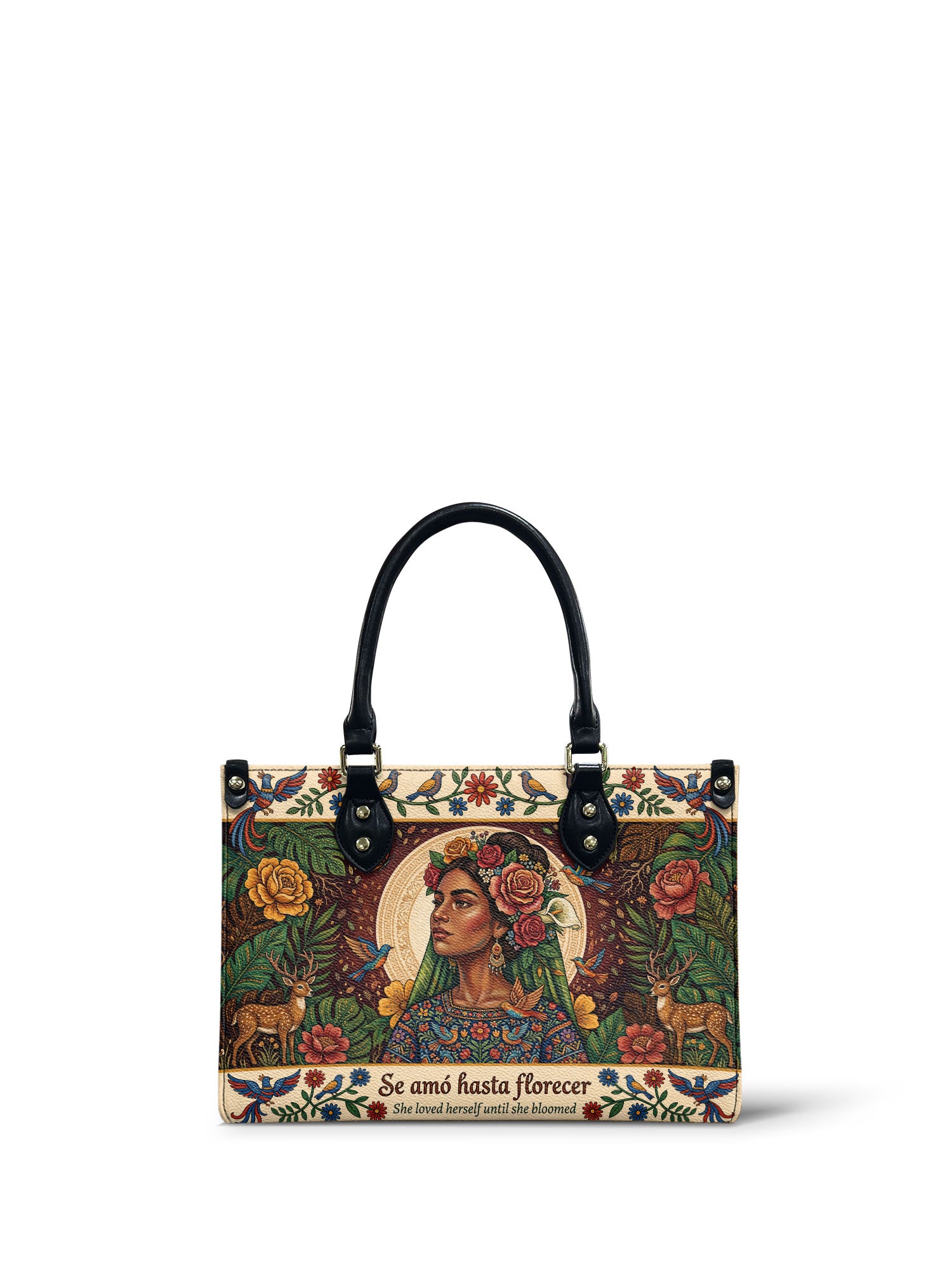 "Se amó hasta florecer" ver.8 Small Leather Handbag - front view | Paleta Bags