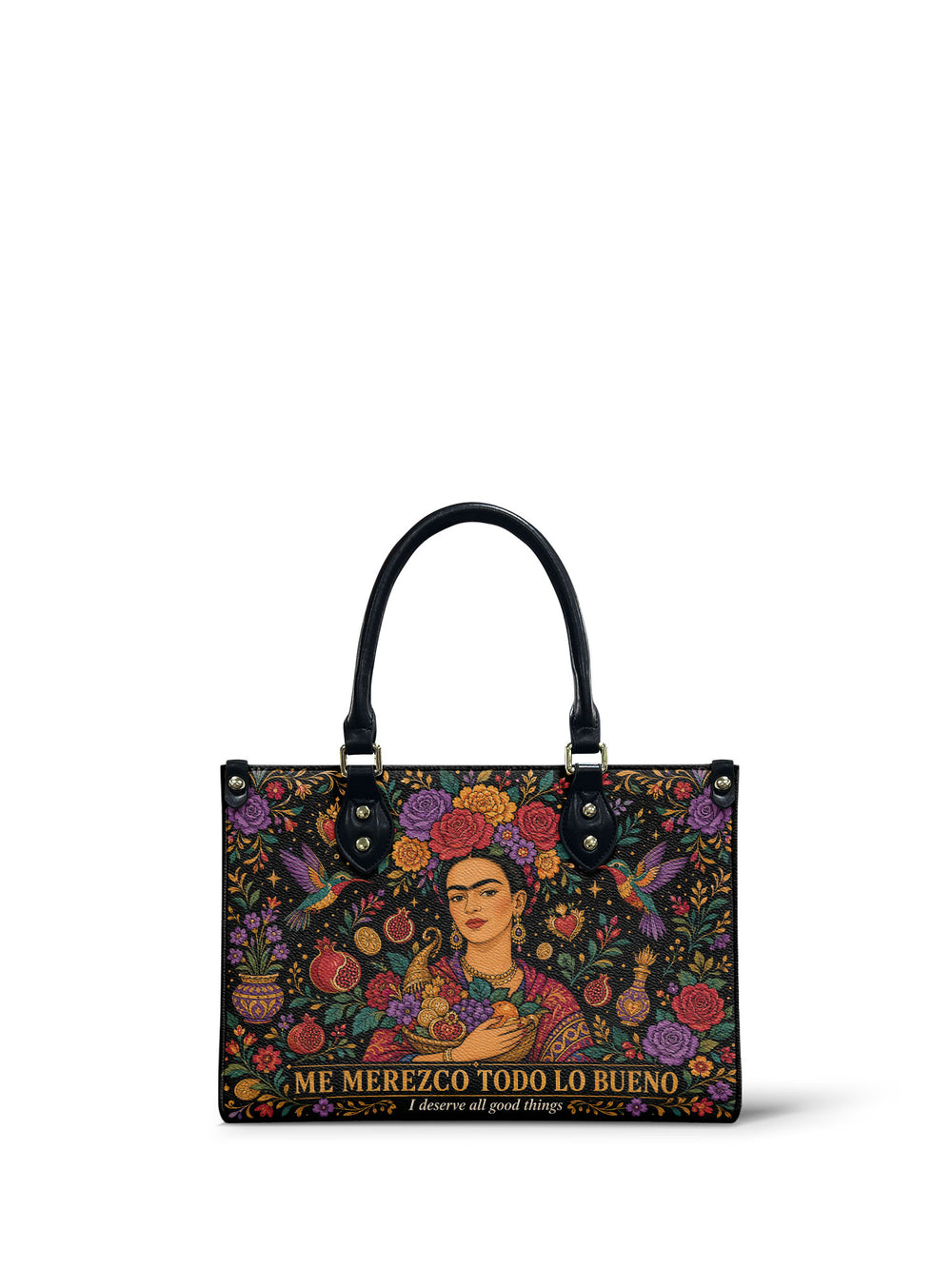 Black small handbag, woman in a flower crown holding a horn overflowing with fruit, surrounded by roses, pomegranates and hummingbirds